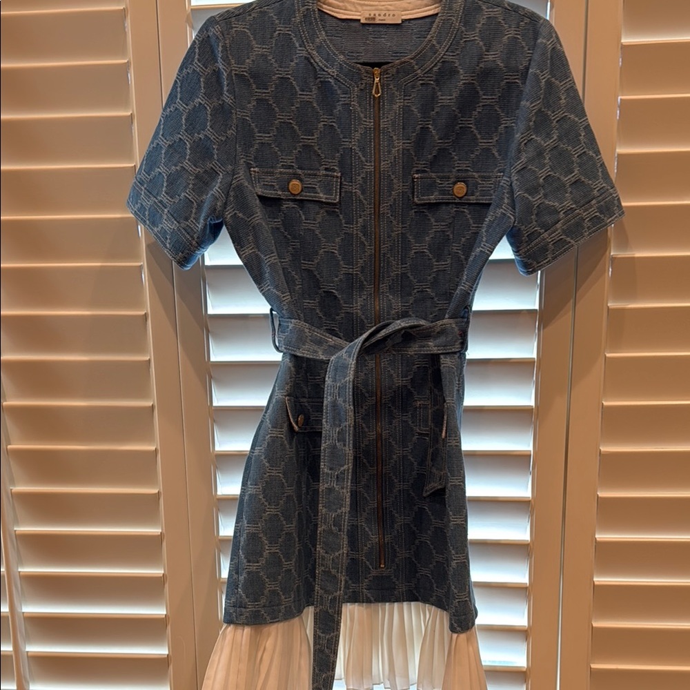 Blue Patterned Zip-Up Dress with Belt